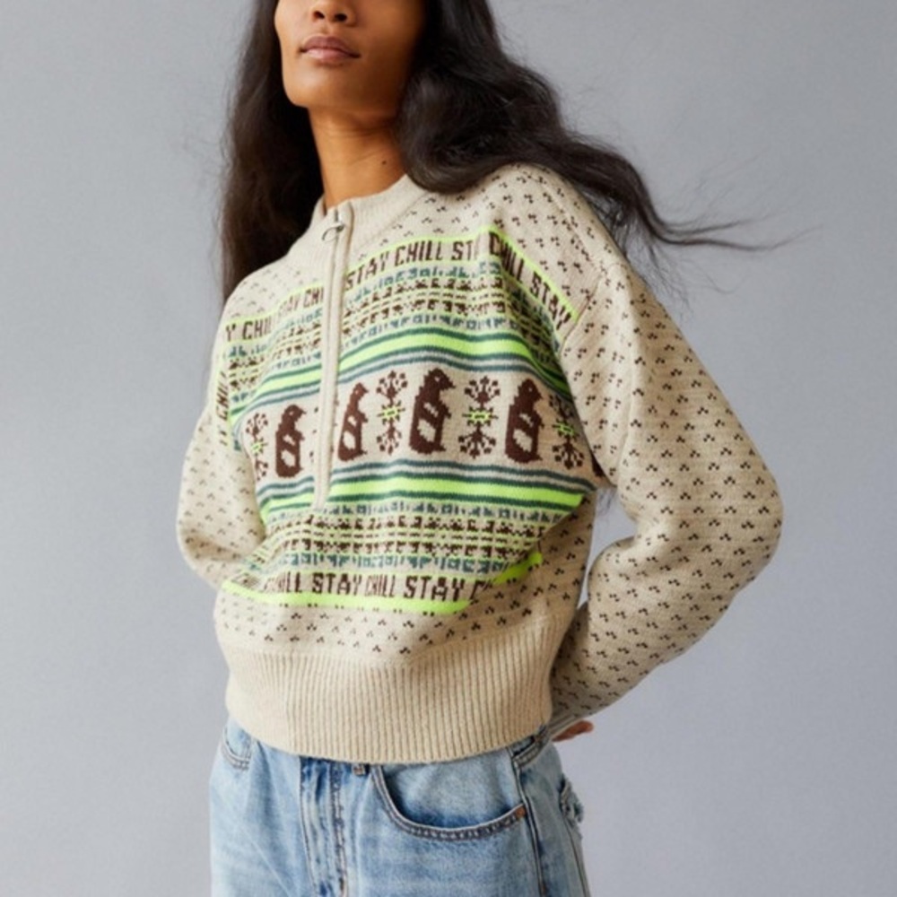 BDG Jesse Fair Isle Half Zip Knit Sweater Small Cropped Cozy